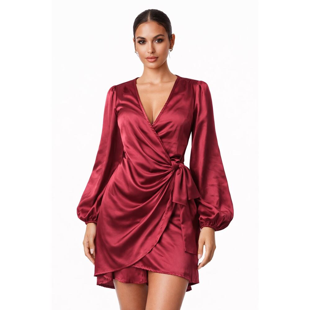 Dress Day Crossover Satin-Feel Dress Bubble Sleeve Size Large Tie-Waist‎ Women's